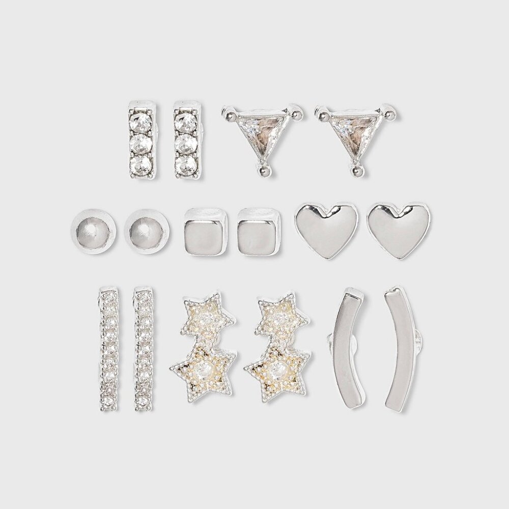 NEW A New Day™ Silver Crystal Star and Heart Stud Earring Set 8pc